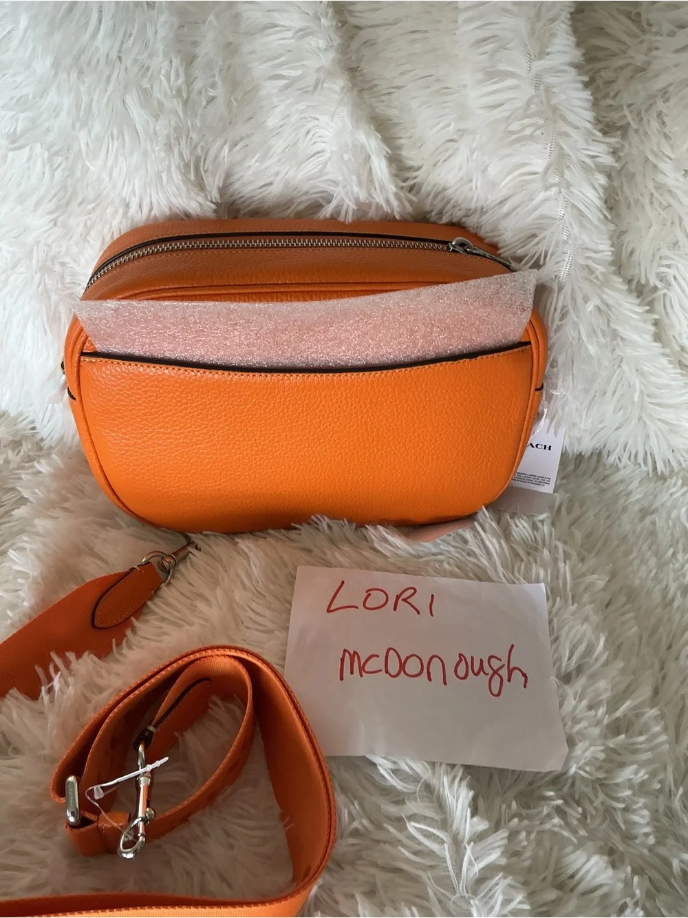 Coach Pebbled Leather Crossbody Camera Bag in Orange with Branded Strap